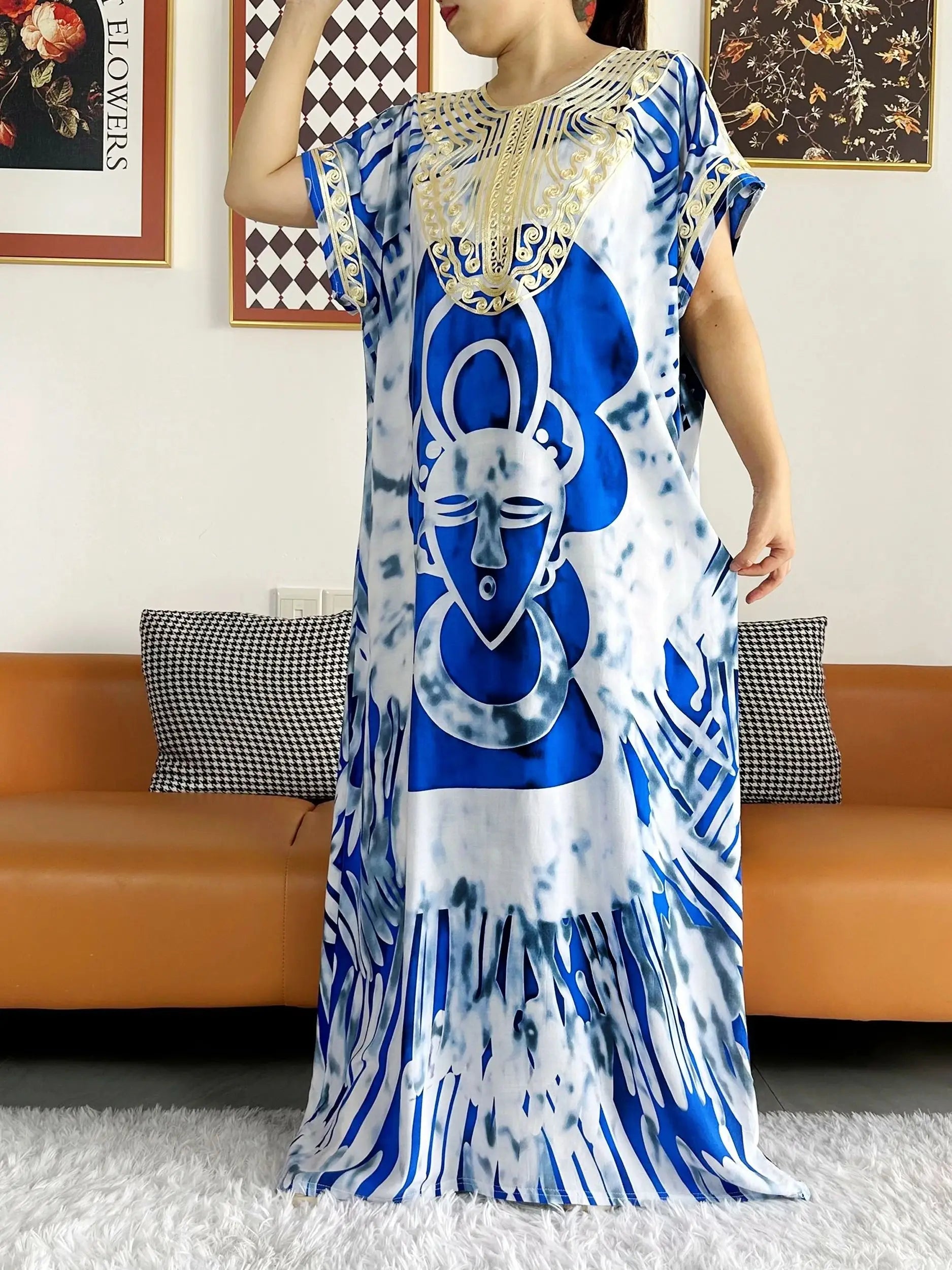 New Style African Summer Short Sleeve Dashiki Dresses Flora Loose Boubou Maxi Islam Women Casual Dress African Abaya Clothes