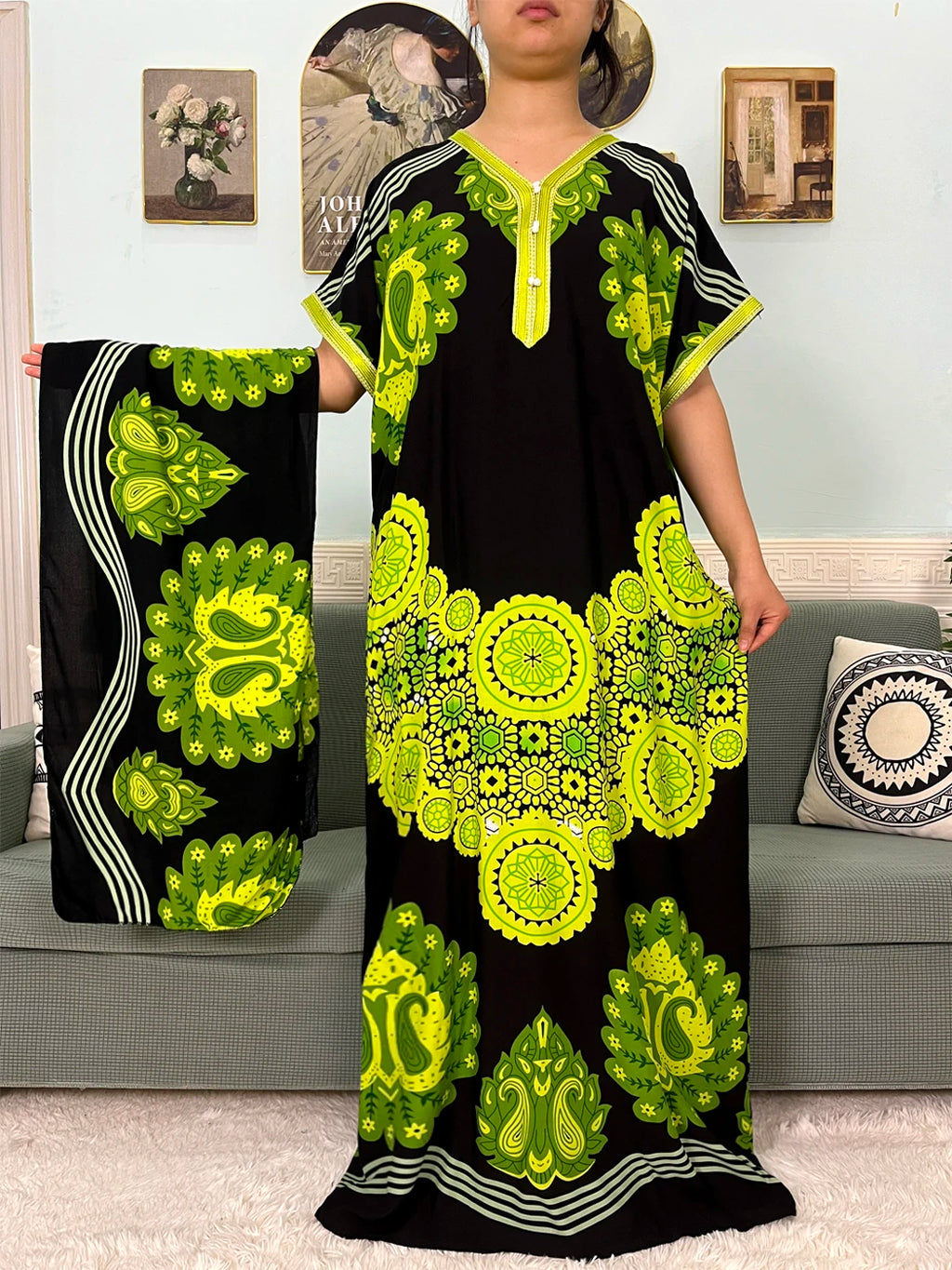 2024 Muslim Cotton Abayas For Women Appliques Printed Caftan Marocaine Femme Robe Boubou African Islam Dresses With Headscarf