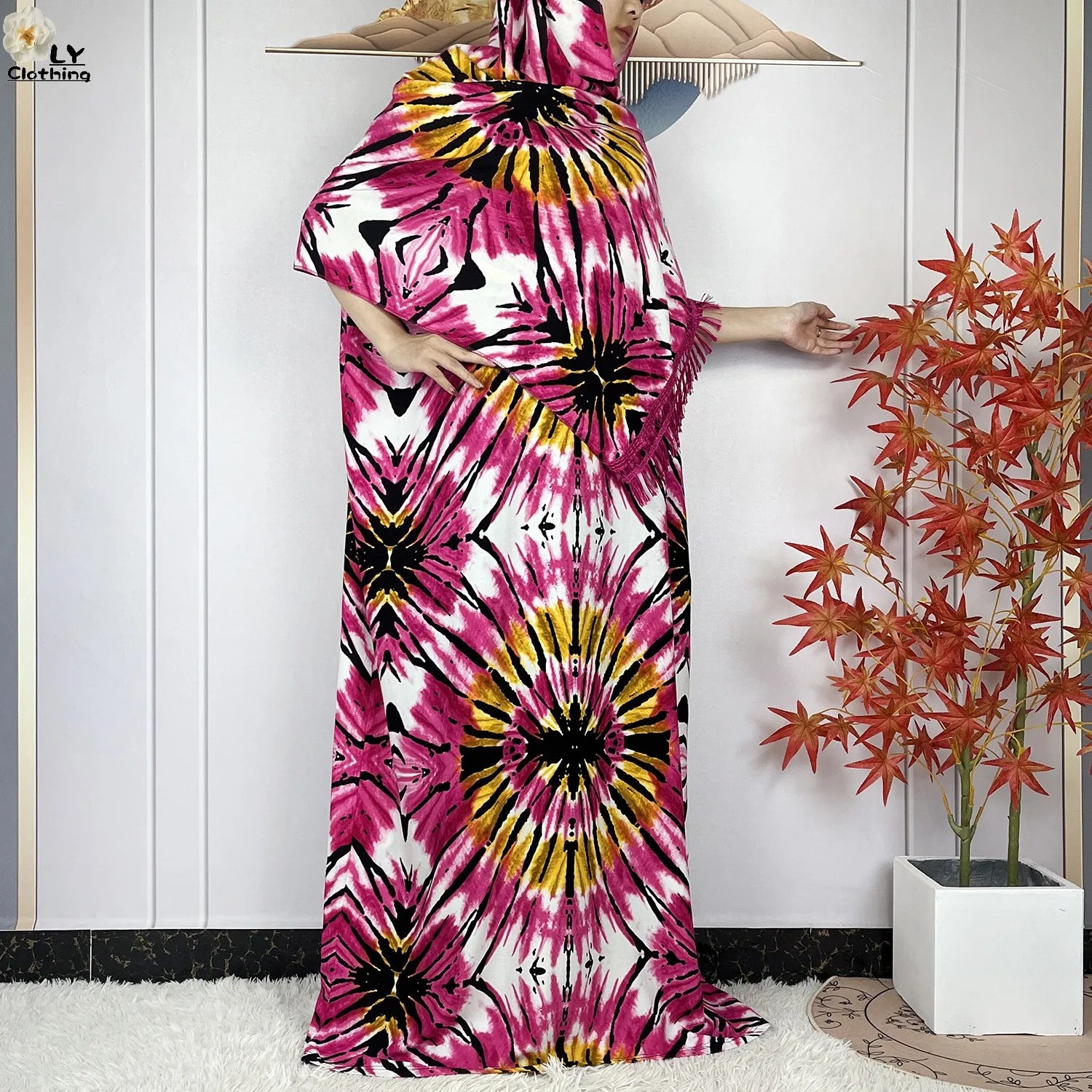 Summer Dubai Fashion Lady Clothing Soft Cotton Tie-dyed Loose Maxi Islam Women Short Sleeve African Abaya Dress With Big Scarf