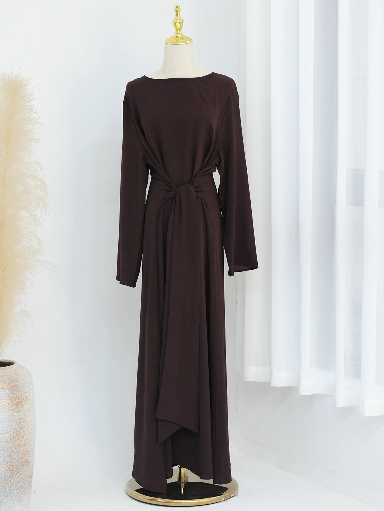 2025 Fashion Dubai Solid Belt Long Dresses For Muslim Woman Elegant Casual Marocain Islam Saudi Plain Caftan Turkish Clothing