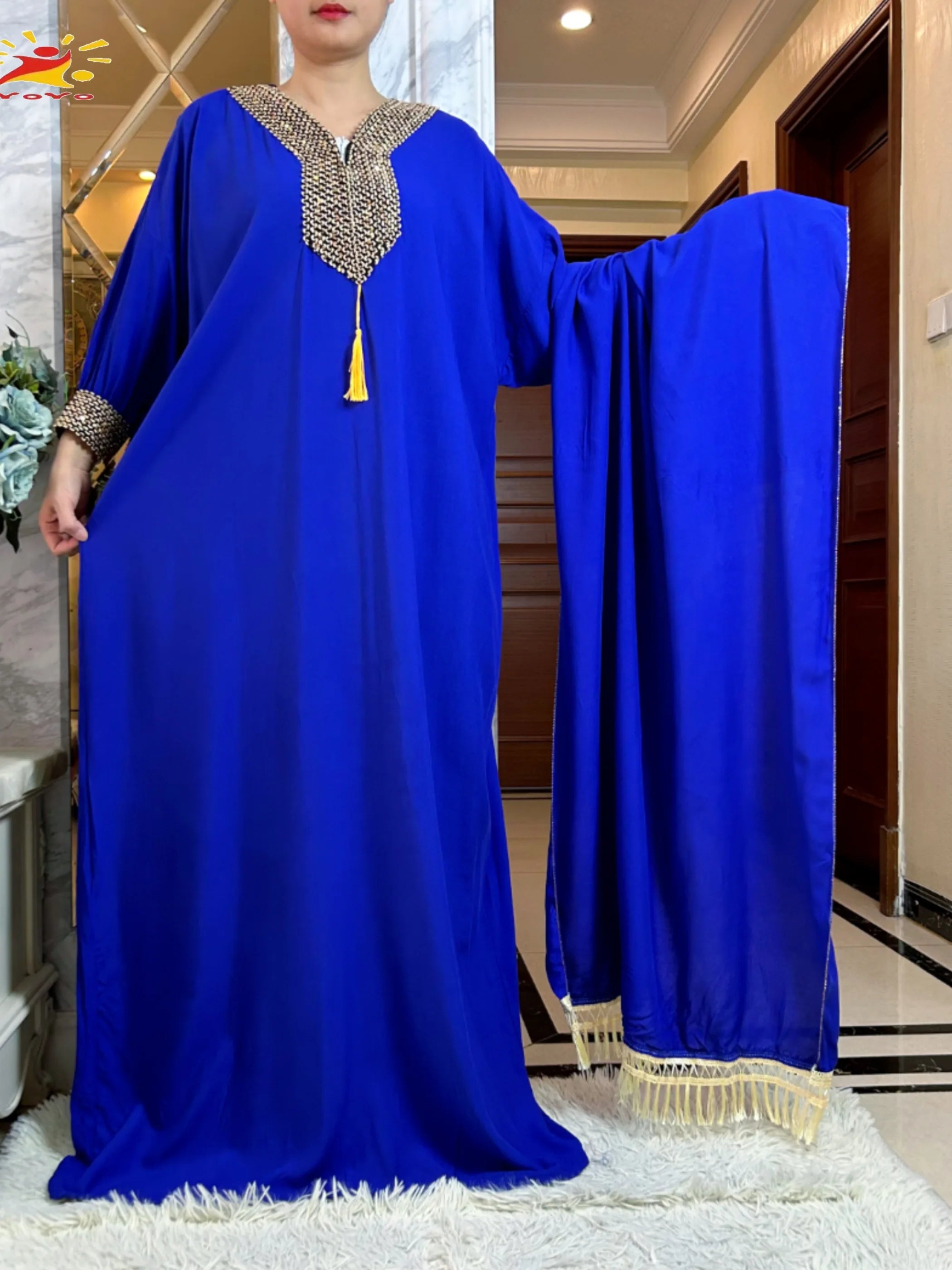 2025New Muslim Women Long Sleeve Autumn  Dress Cotton With Big Scarf Boubou Maxi Islam Women Dress African Abaya