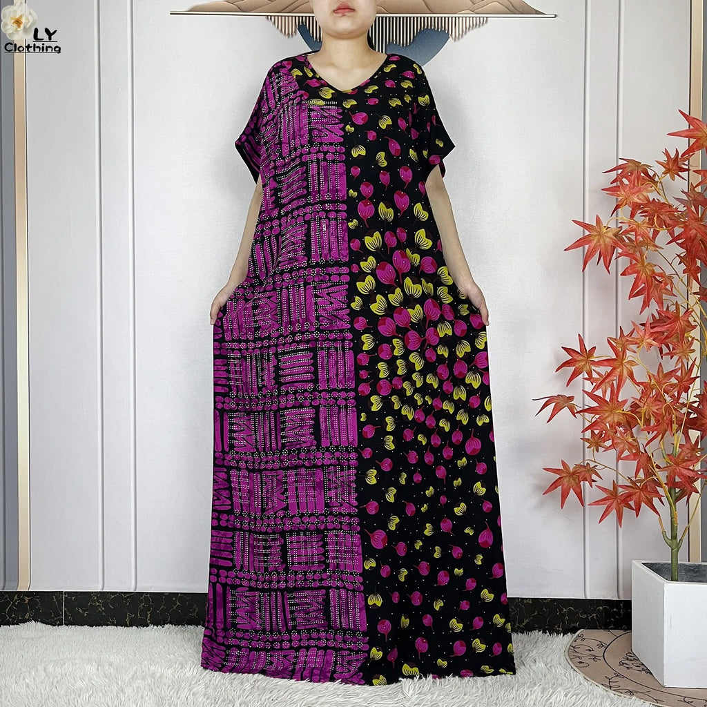 Summer Dubai Fashion Lady Clothing Soft Cotton Tie-dyed Loose Maxi Islam Women Short Sleeve African Abaya Dress With Big Scarf