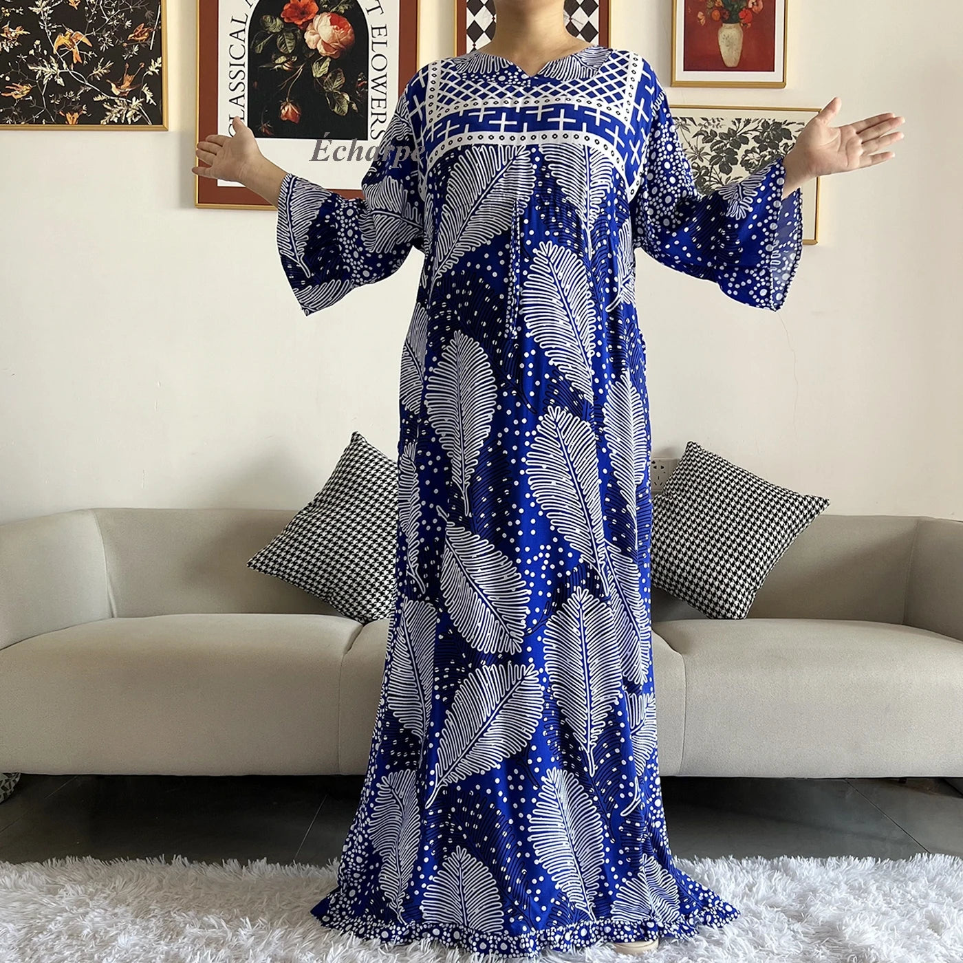 New Style African Dashiki Print Long Sleeve Loose Cotton Elegant Women  Abaya Long Dress Summer Maxi Casual Dresses Vestidos