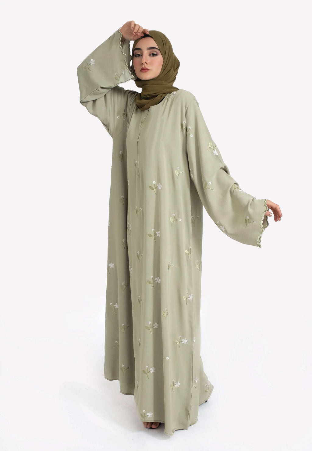Stylish Muslim Islamic Abaya for Women Light Green Floral Embroidery Delicate Cuffs Ideal for UAE Saudi Arabia Qatar