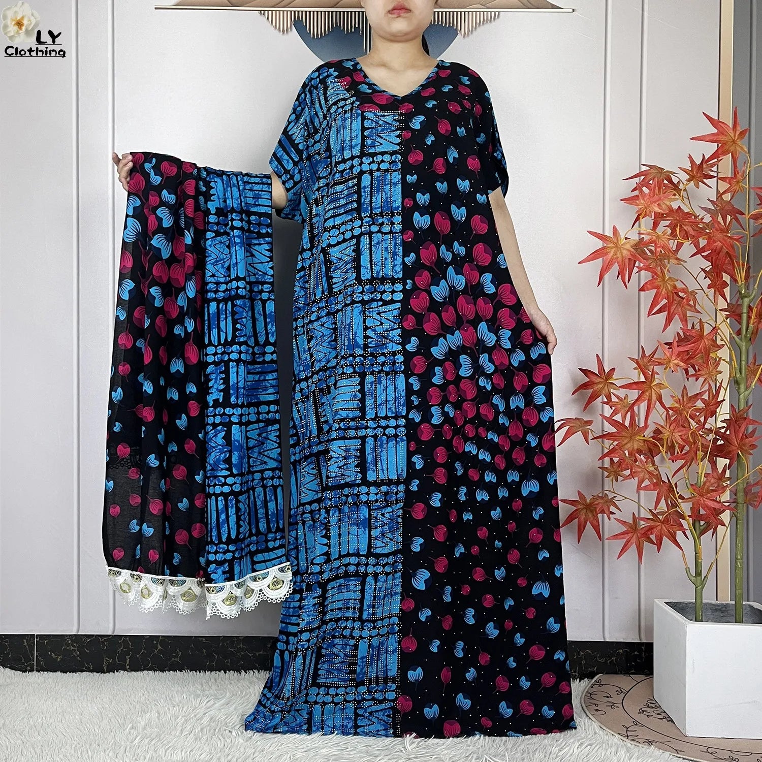Summer Dubai Fashion Lady Clothing Soft Cotton Tie-dyed Loose Maxi Islam Women Short Sleeve African Abaya Dress With Big Scarf
