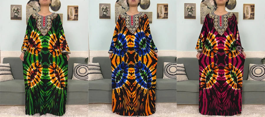 Mslim Abayas For Women Cotton Embroidery Printed Long Sleeves Loose Femme Robe African Boubou Dresses With 150x165cm Shawl Scarf