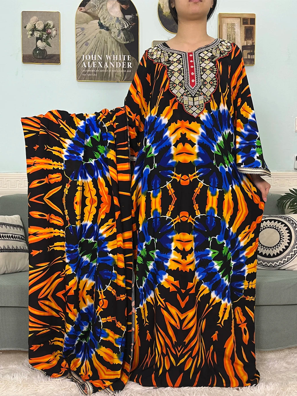 Mslim Abayas For Women Cotton Embroidery Printed Long Sleeves Loose Femme Robe African Boubou Dresses With 150x165cm Shawl Scarf