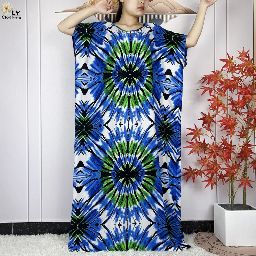 Summer Dubai Fashion Lady Clothing Soft Cotton Tie-dyed Loose Maxi Islam Women Short Sleeve African Abaya Dress With Big Scarf