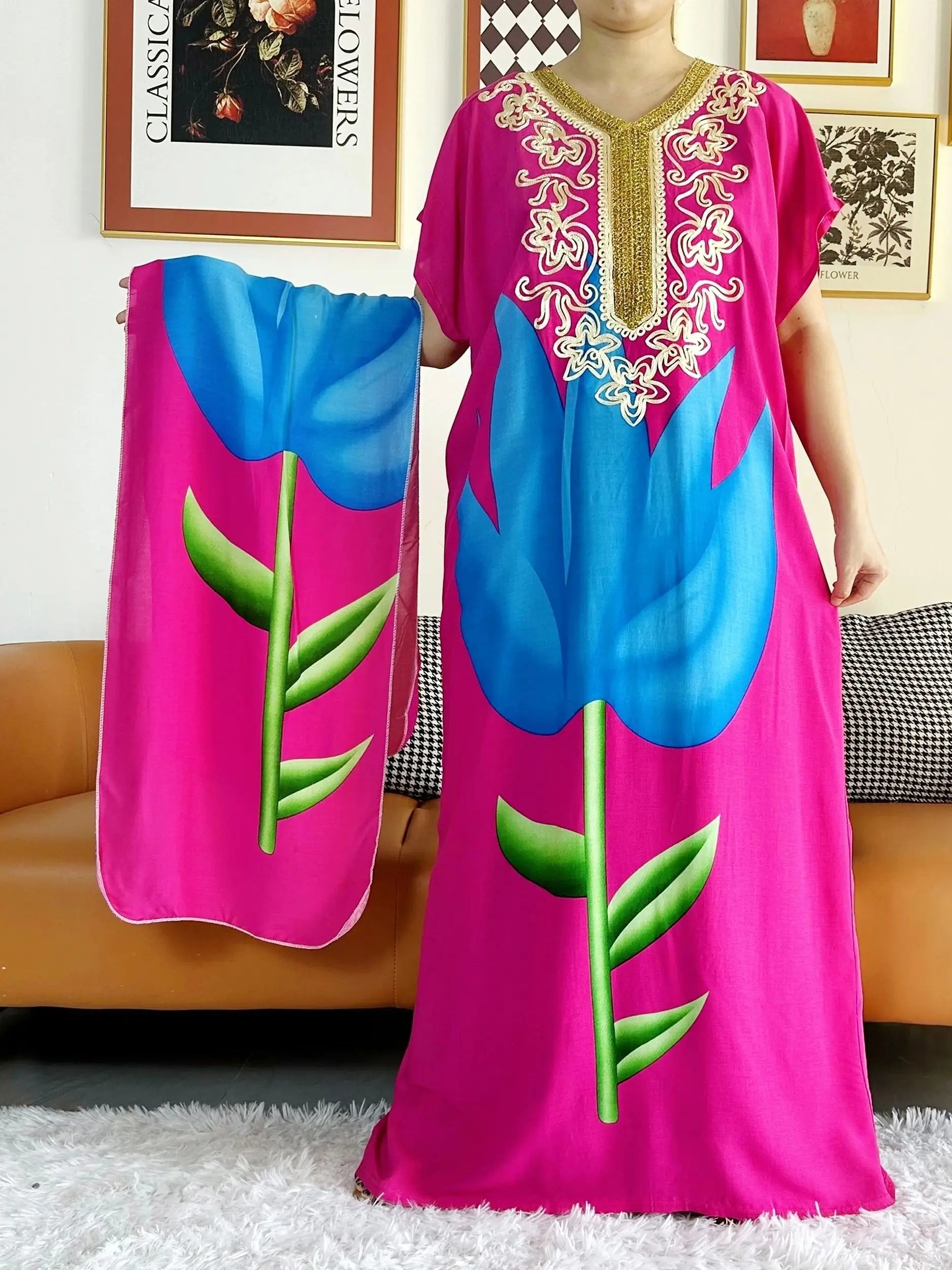 New Style African Summer Short Sleeve Dashiki Dresses Flora Loose Boubou Maxi Islam Women Casual Dress African Abaya Clothes