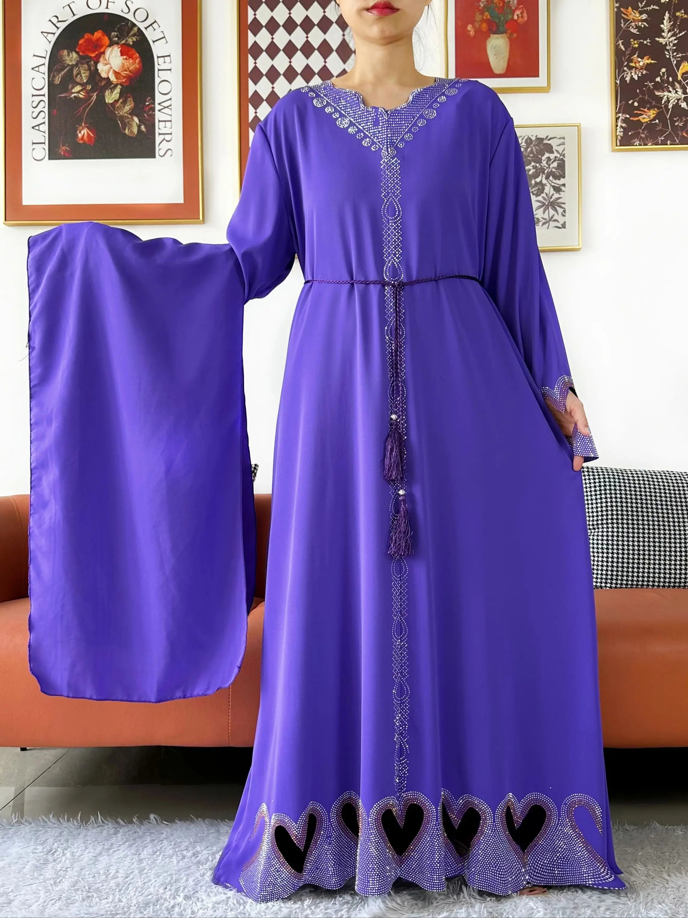 New Muslim Women Loose Abaya Chiffon Diamond Long Sleeve Casual Clothing African Abaya Women Robe Dubai Turkey Islamic Robe