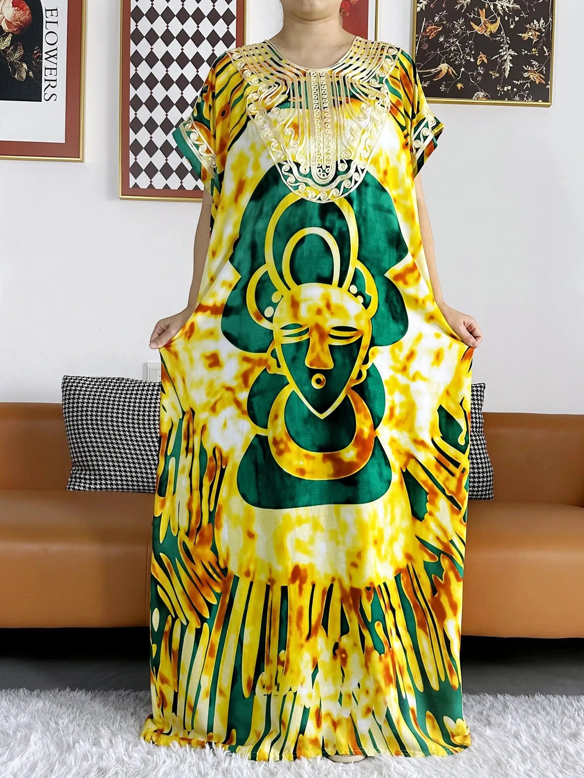 New Style African Summer Short Sleeve Dashiki Dresses Flora Loose Boubou Maxi Islam Women Casual Dress African Abaya Clothes