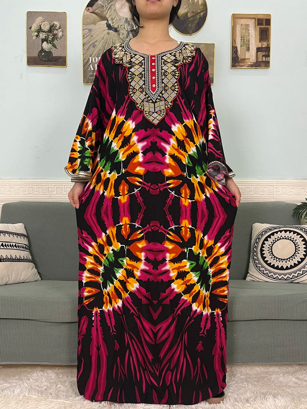 Mslim Abayas For Women Cotton Embroidery Printed Long Sleeves Loose Femme Robe African Boubou Dresses With 150x165cm Shawl Scarf