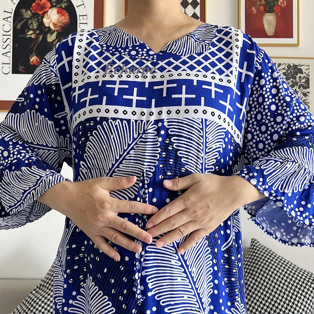 New Style African Dashiki Print Long Sleeve Loose Cotton Elegant Women  Abaya Long Dress Summer Maxi Casual Dresses Vestidos