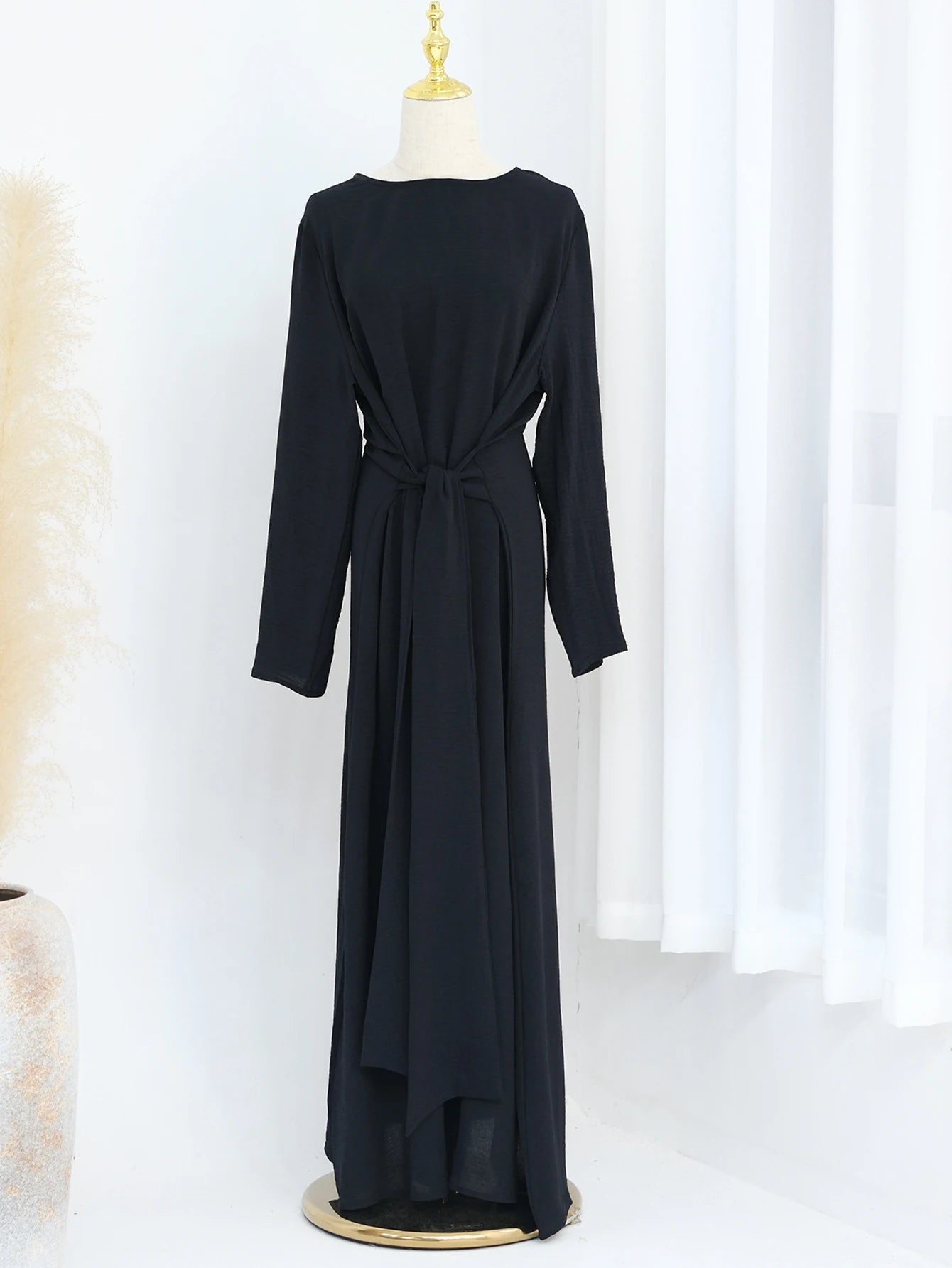 2025 Fashion Dubai Solid Belt Long Dresses For Muslim Woman Elegant Casual Marocain Islam Saudi Plain Caftan Turkish Clothing