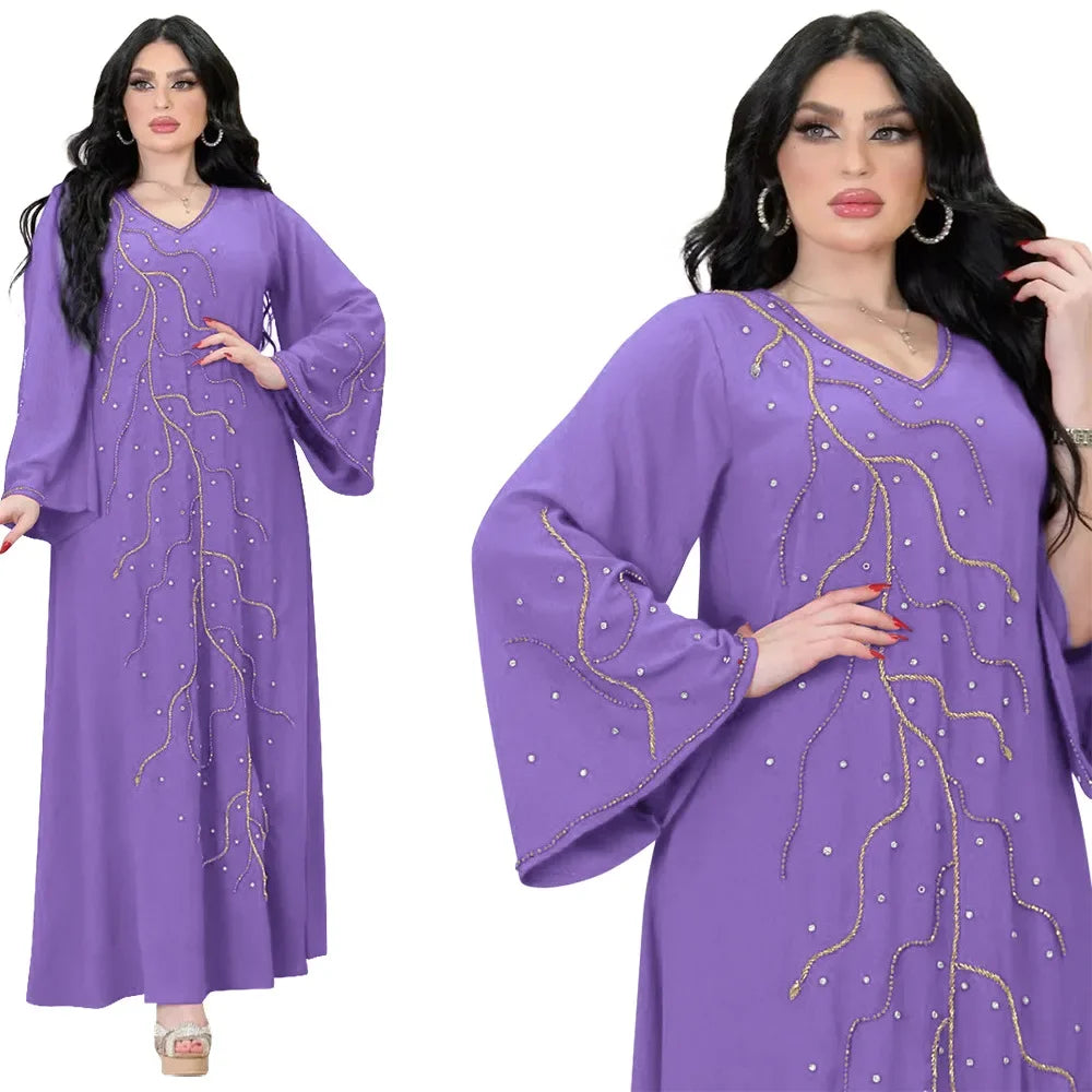 Clothes for Muslim Women Autumn Fashion Muslim Long Sleeve V-neck Kaftan Long Maxi Dress Outfits Muslim Dress Women Dubai Abaya