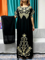 Abayas For Women Black Appliques Cotton Loose Fit Femme Robe Muslim Kaftan African Islam Nigeria Traditional Dresses With Turban