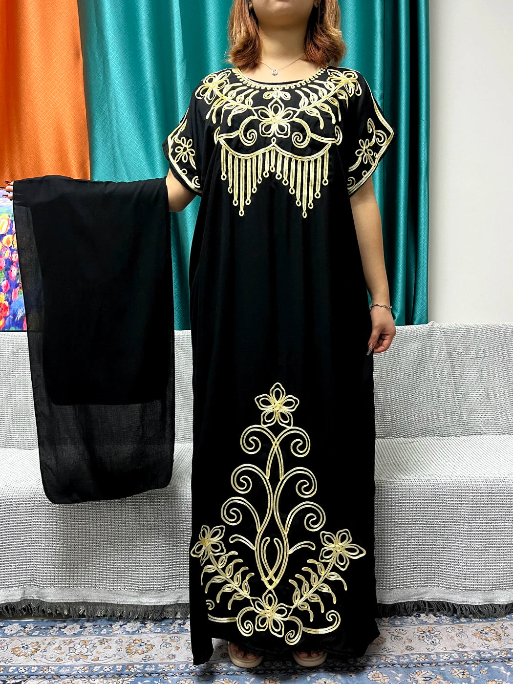 Abayas For Women Black Appliques Cotton Loose Fit Femme Robe Muslim Kaftan African Islam Nigeria Traditional Dresses With Turban