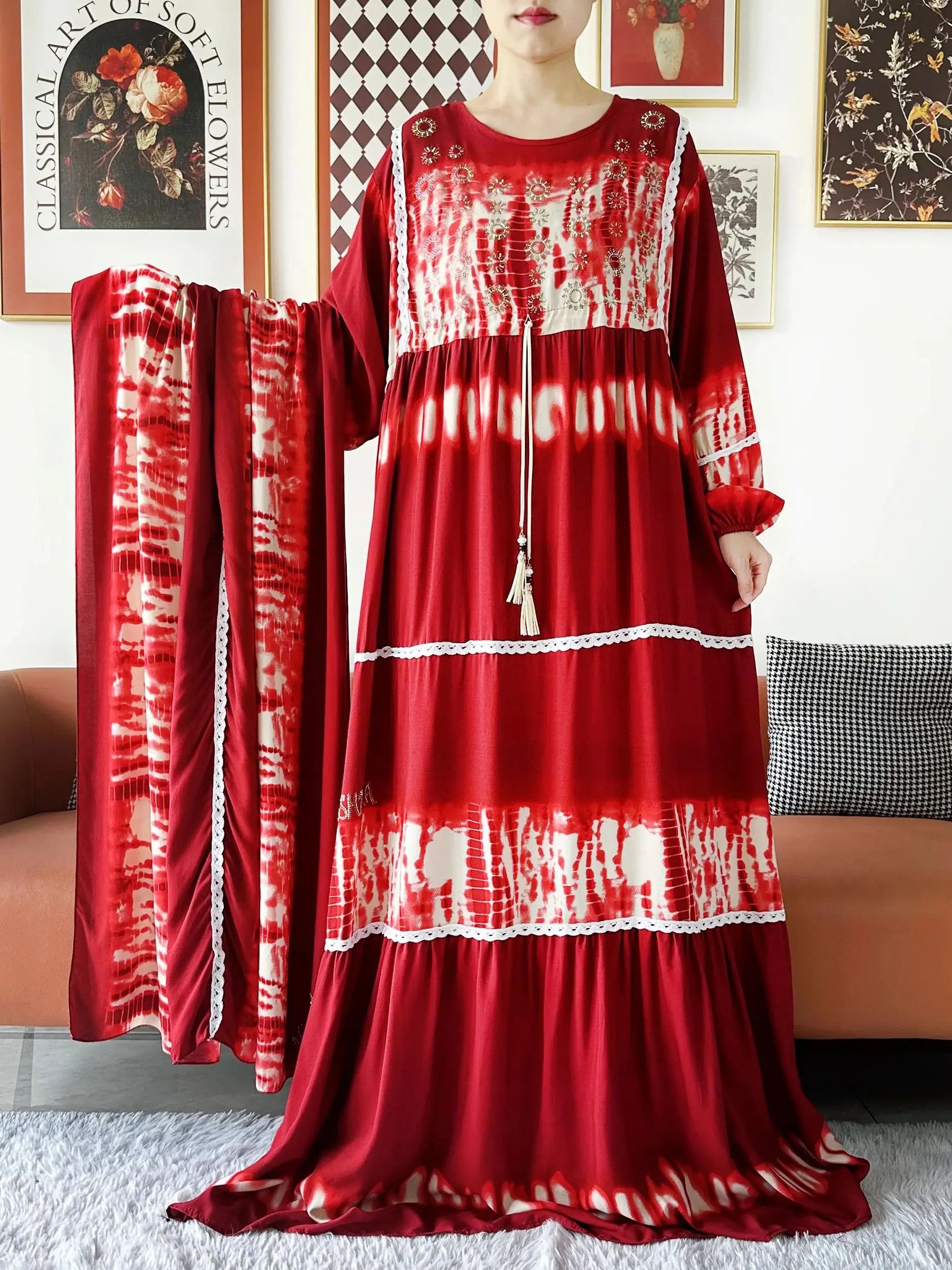 High Grade Design Dubai Women Abaya Long Sleeve Autumn  Dress Cotton With Big Scarf Boubou Maxi Islam Women Dress African Abaya