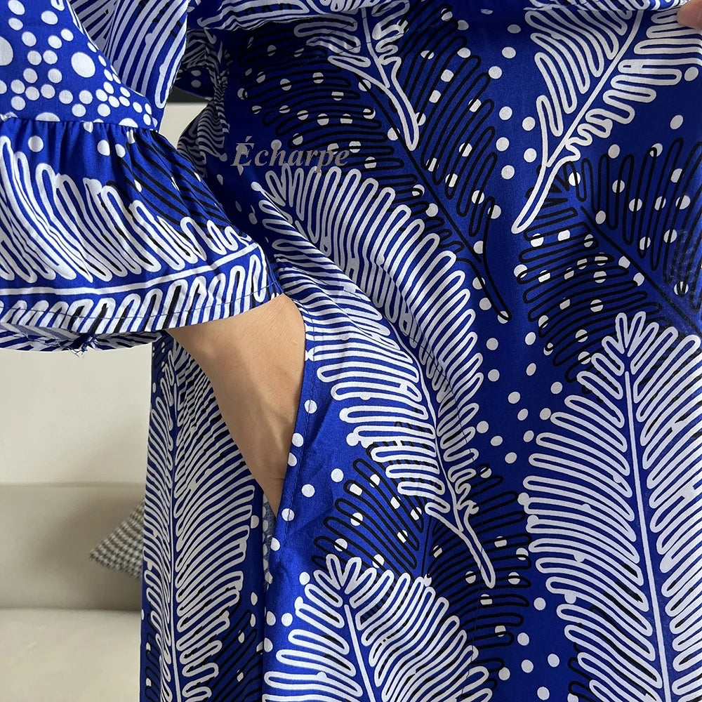 New Style African Dashiki Print Long Sleeve Loose Cotton Elegant Women  Abaya Long Dress Summer Maxi Casual Dresses Vestidos