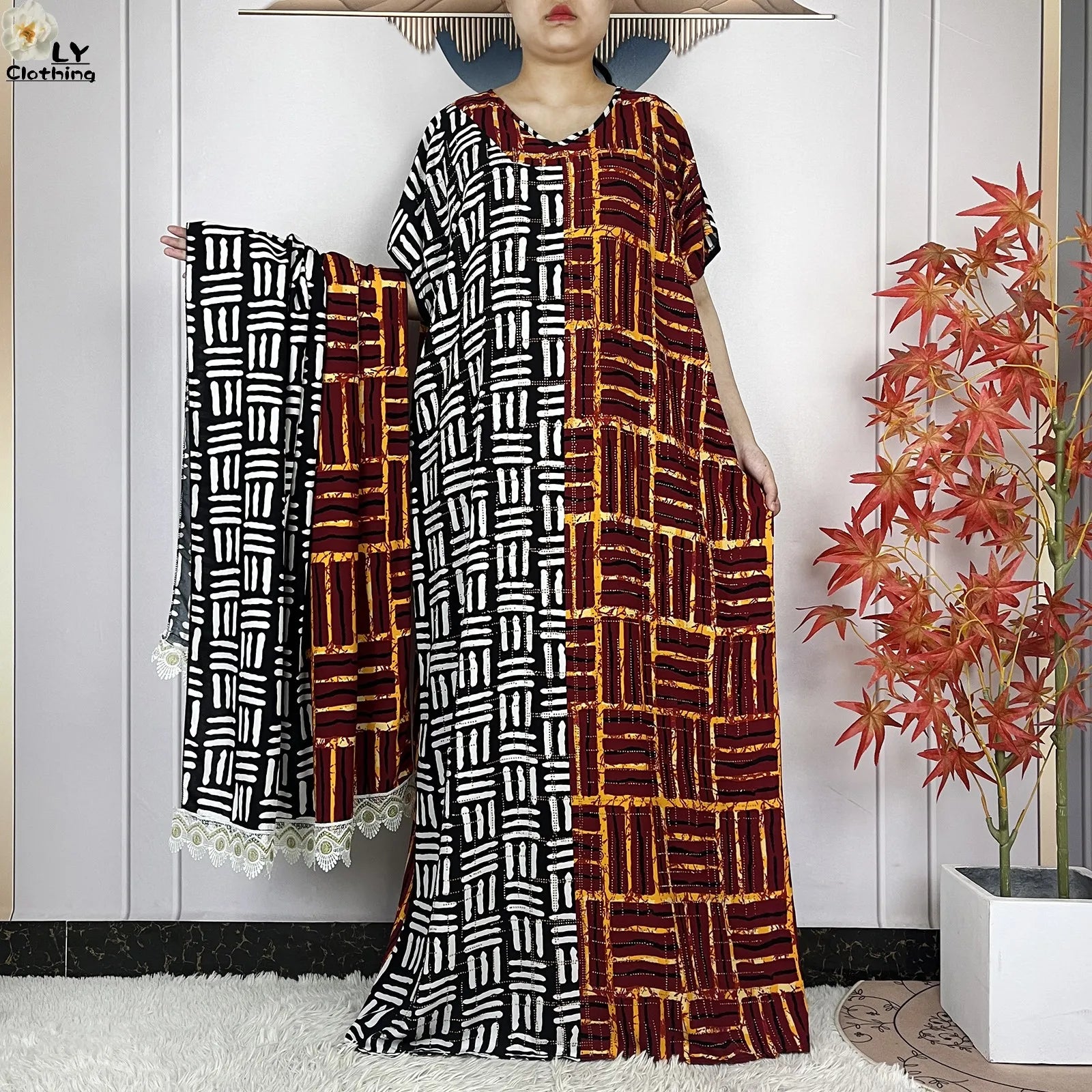 Summer Dubai Fashion Lady Clothing Soft Cotton Tie-dyed Loose Maxi Islam Women Short Sleeve African Abaya Dress With Big Scarf