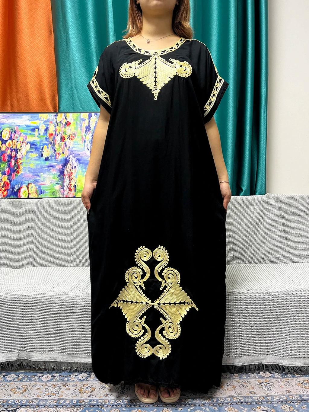 Abayas For Women Black Appliques Cotton Loose Fit Femme Robe Muslim Kaftan African Islam Nigeria Traditional Dresses With Turban