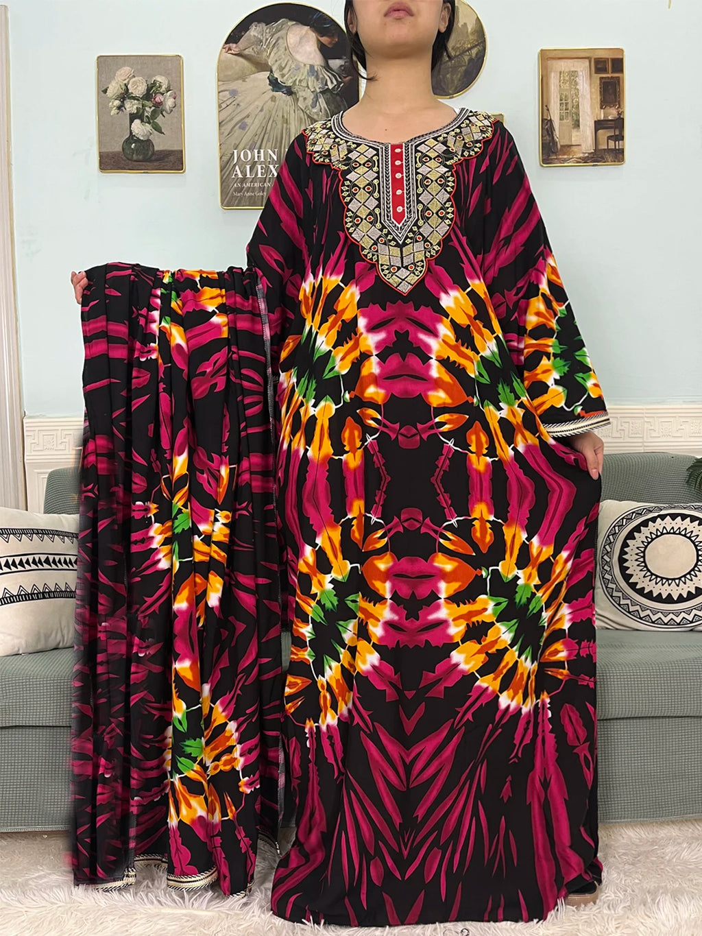 Mslim Abayas For Women Cotton Embroidery Printed Long Sleeves Loose Femme Robe African Boubou Dresses With 150x165cm Shawl Scarf