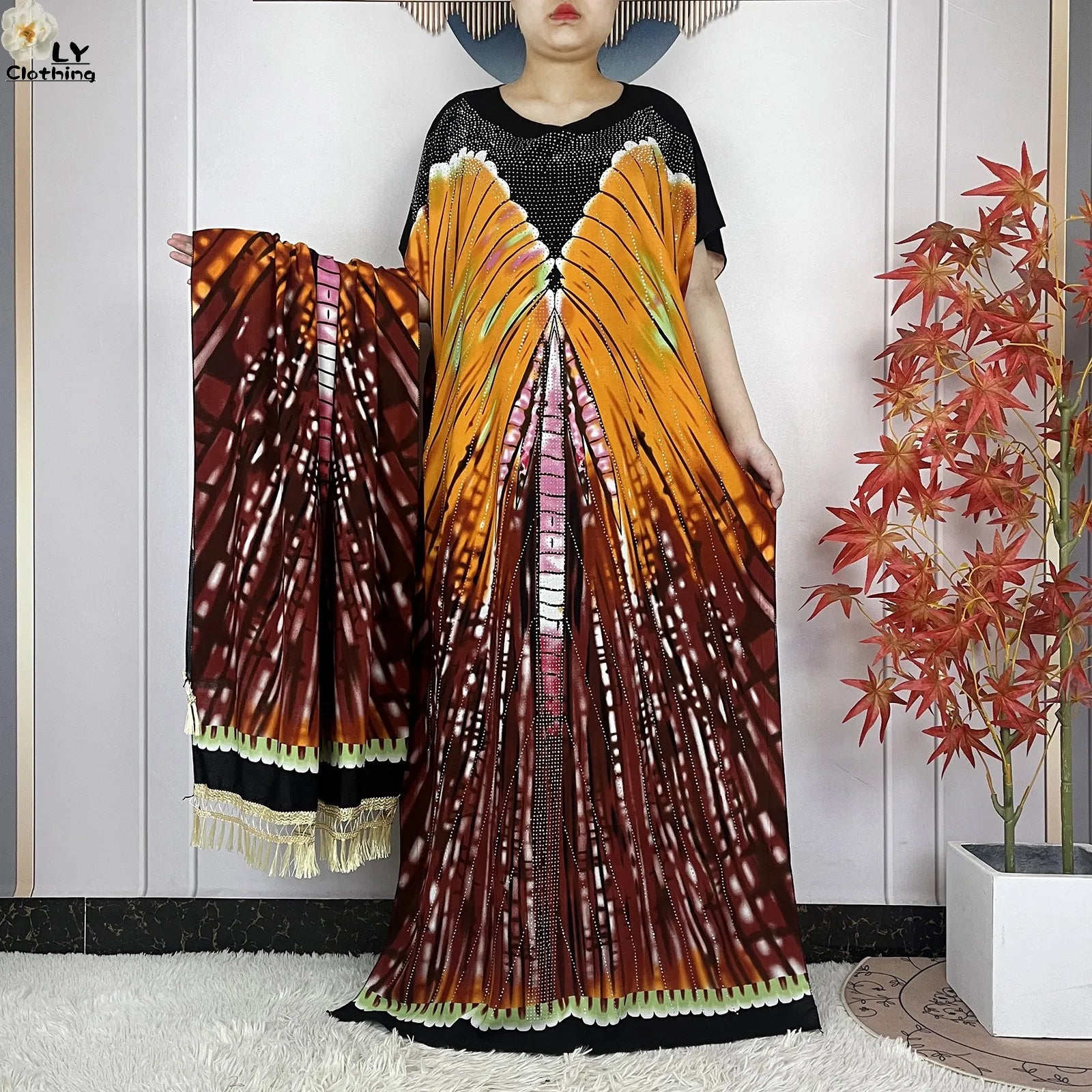 Summer Dubai Fashion Lady Clothing Soft Cotton Tie-dyed Loose Maxi Islam Women Short Sleeve African Abaya Dress With Big Scarf