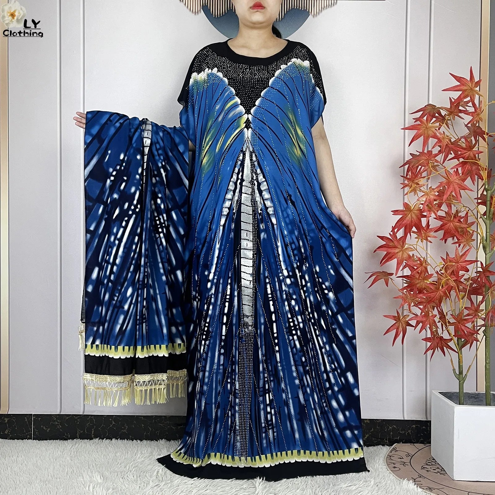 Summer Dubai Fashion Lady Clothing Soft Cotton Tie-dyed Loose Maxi Islam Women Short Sleeve African Abaya Dress With Big Scarf