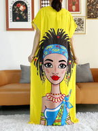 New Style African Summer Short Sleeve Dashiki Dresses Flora Loose Boubou Maxi Islam Women Casual Dress African Abaya Clothes