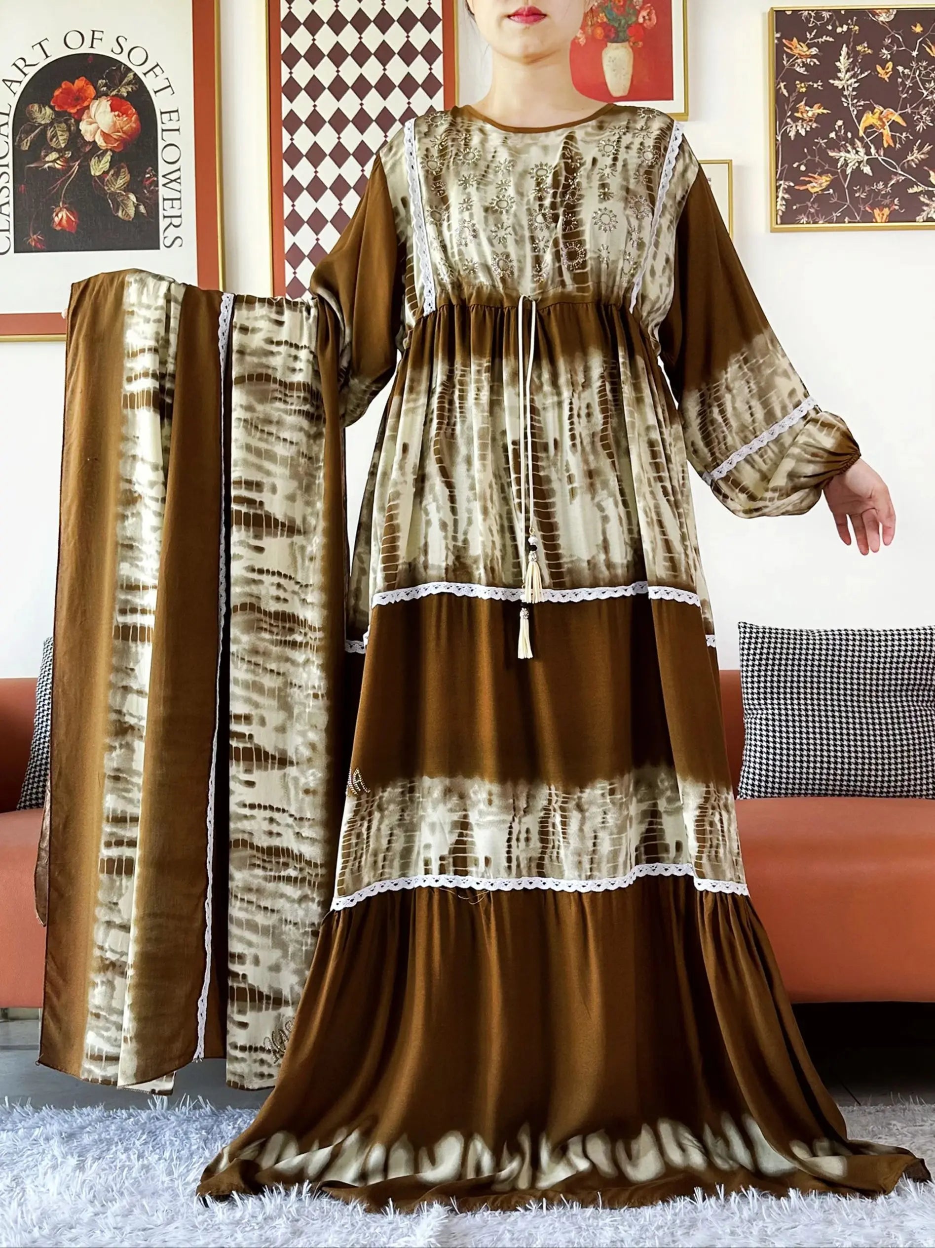 High Grade Design Dubai Women Abaya Long Sleeve Autumn  Dress Cotton With Big Scarf Boubou Maxi Islam Women Dress African Abaya