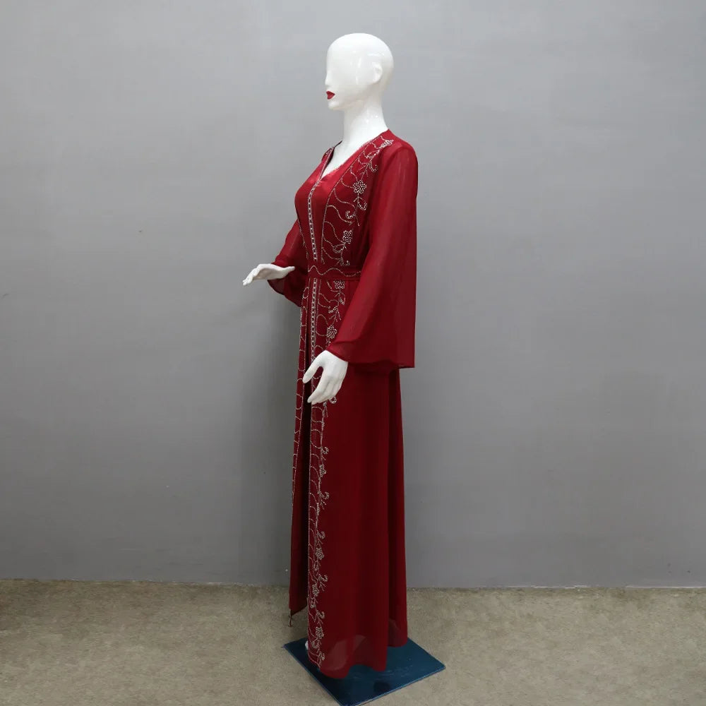 Autumn Fashion Muslim Dresses for Women Muslim Long Sleeve V-neck Party Evening Long Abay Dress Suit Inner and Abaya Outfits