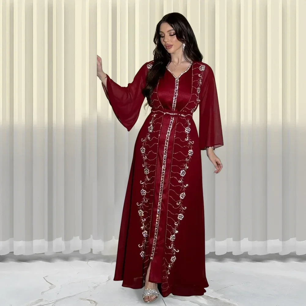Autumn Fashion Muslim Dresses for Women Muslim Long Sleeve V-neck Party Evening Long Abay Dress Suit Inner and Abaya Outfits