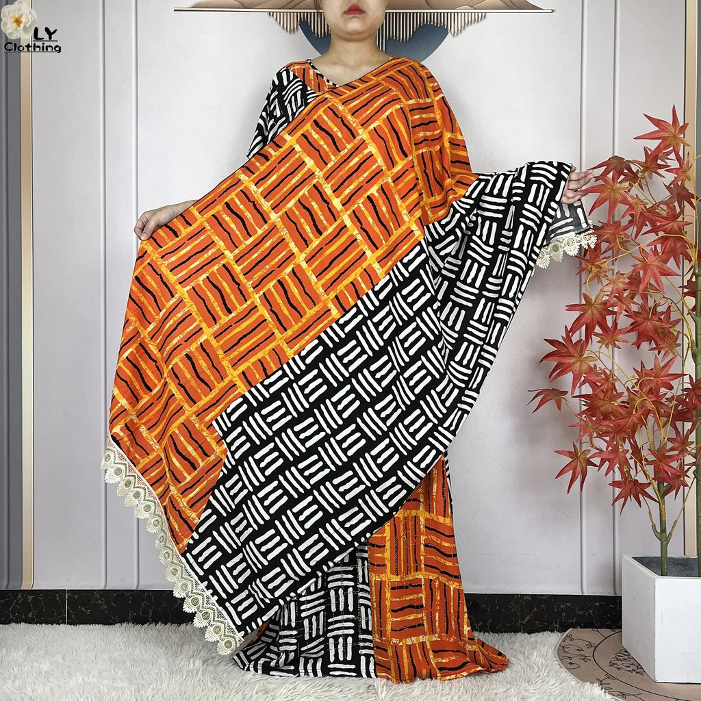 Summer Dubai Fashion Lady Clothing Soft Cotton Tie-dyed Loose Maxi Islam Women Short Sleeve African Abaya Dress With Big Scarf